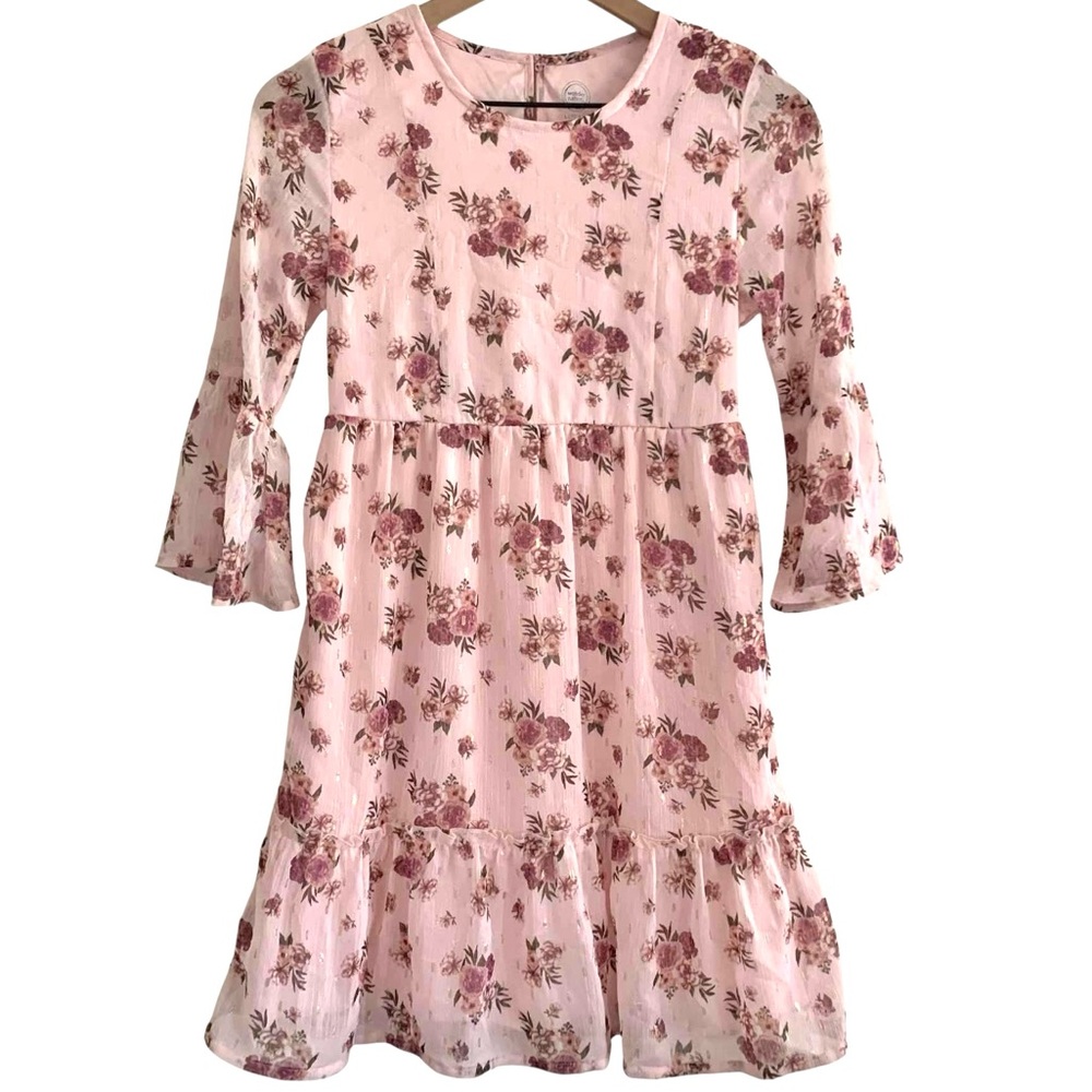 Girls Pink Floral Ruffle Dress with Gold Accents - Long Sleeve Large (10-12)
